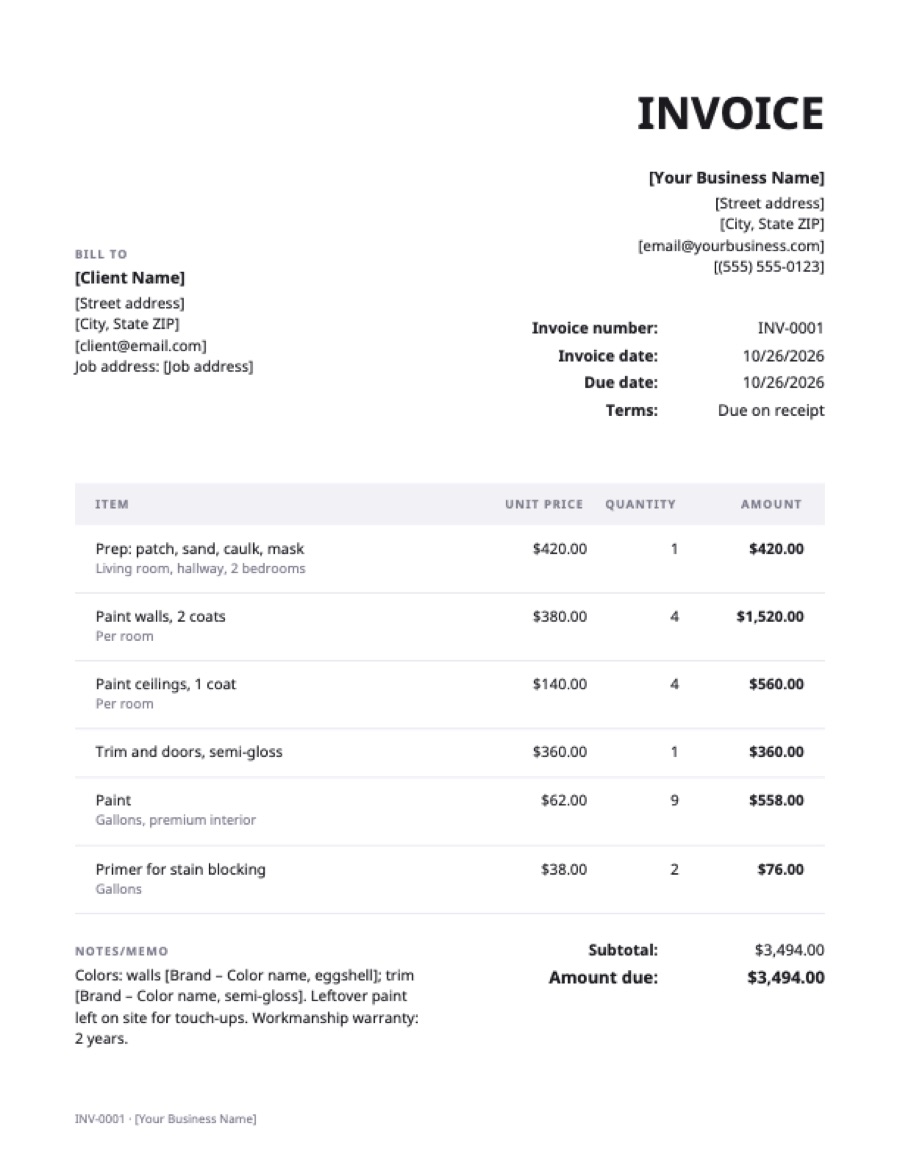 Painting invoice template: a sample filled in with example lines for the trade