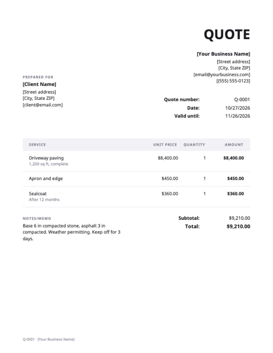 Paving quote template: a sample filled in with example lines for the trade
