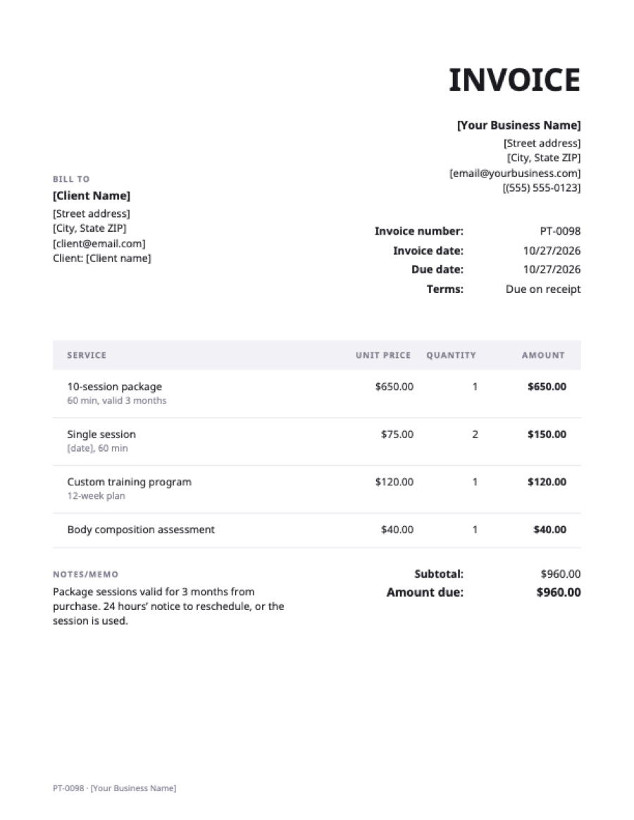 Personal trainer invoice template: a sample filled in with example lines for the trade