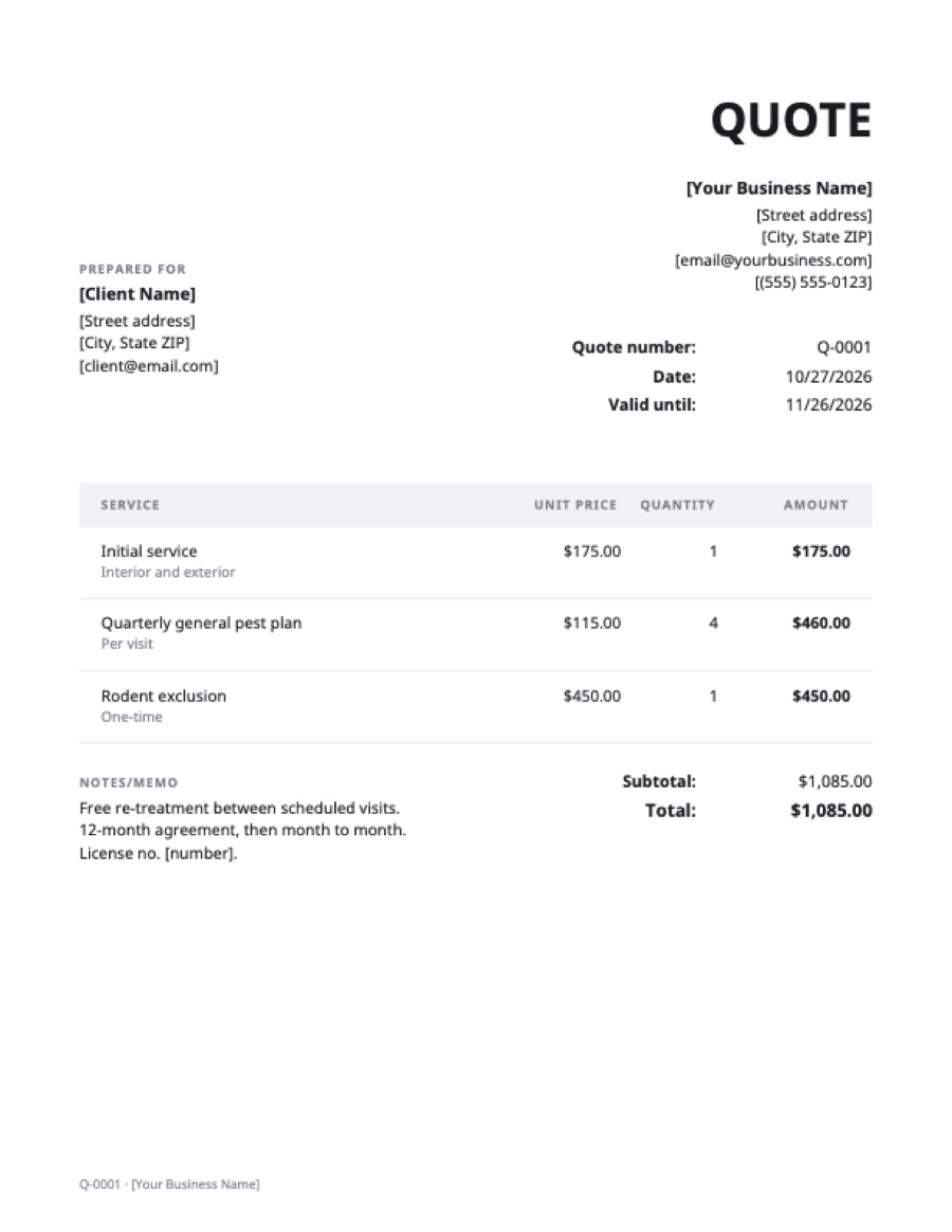 Pest control quote template: a sample filled in with example lines for the trade