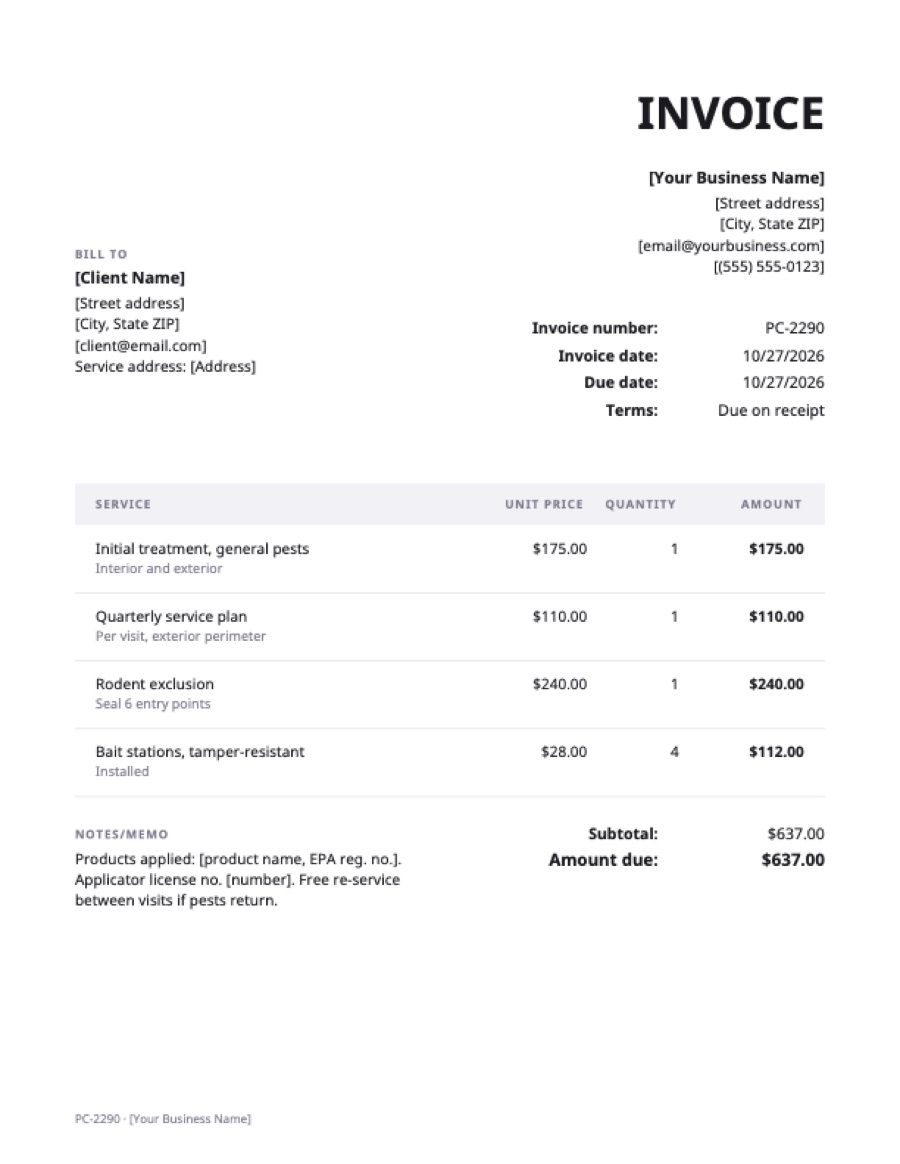 Pest control invoice template: a sample filled in with example lines for the trade