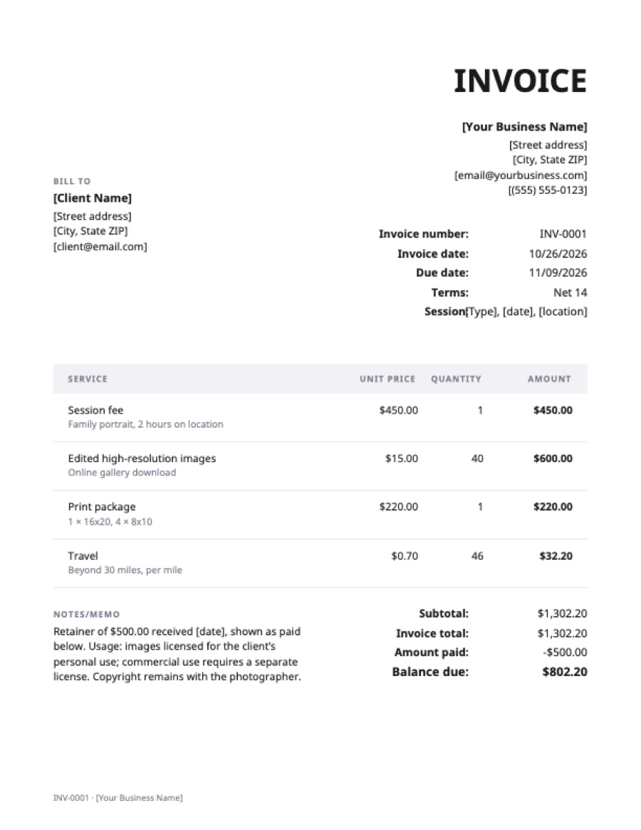 Photography invoice template: a sample filled in with example lines for the trade