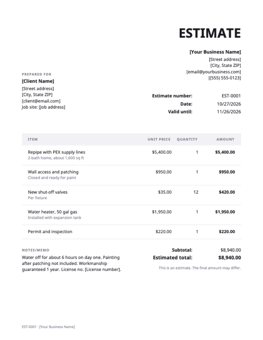Plumbing estimate template: a sample filled in with example lines for the trade