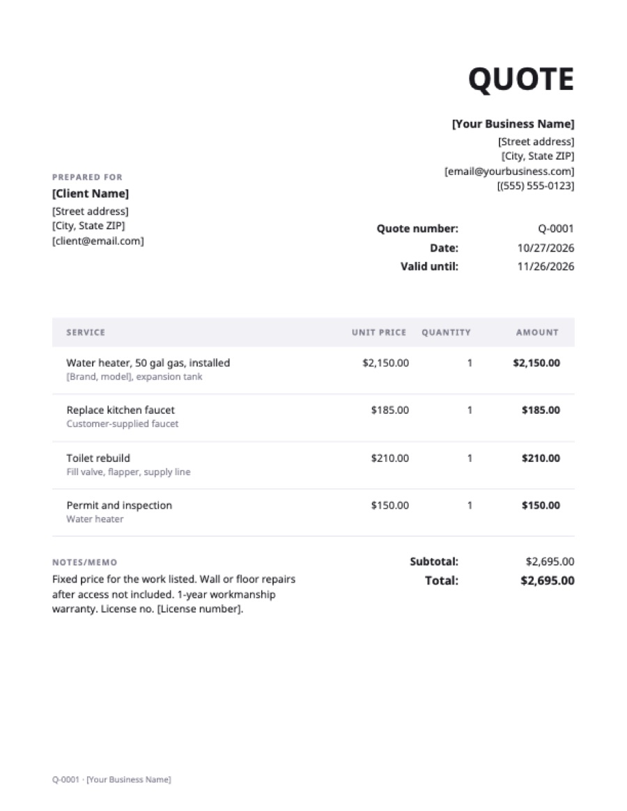 Plumbing quote template: a sample filled in with example lines for the trade