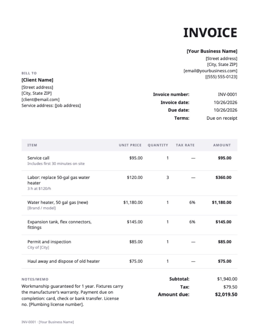 Plumbing invoice template: a sample filled in with example lines for the trade