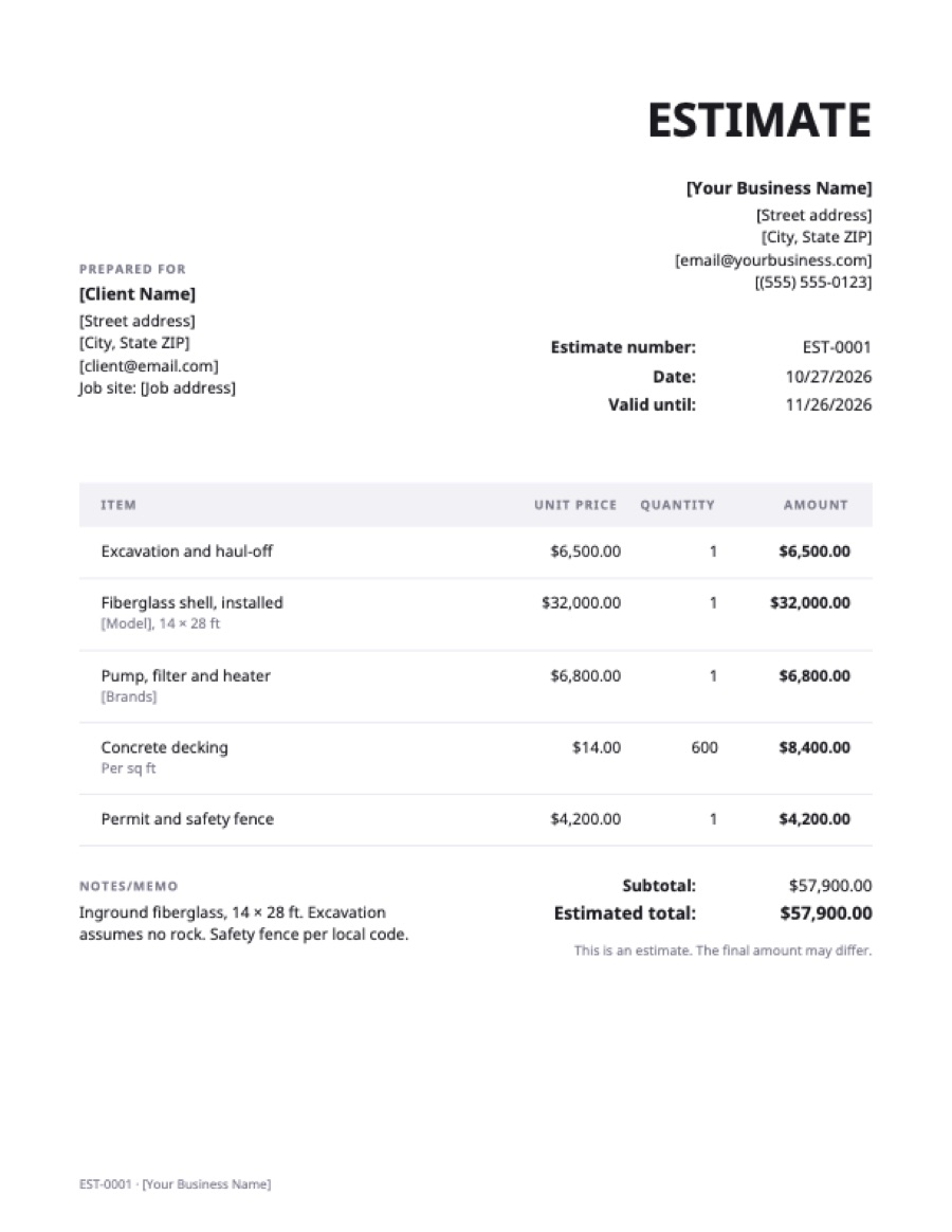 Pool estimate template: a sample filled in with example lines for the trade