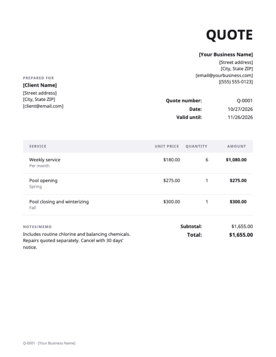 Pool service quote template: a sample filled in with example lines for the trade