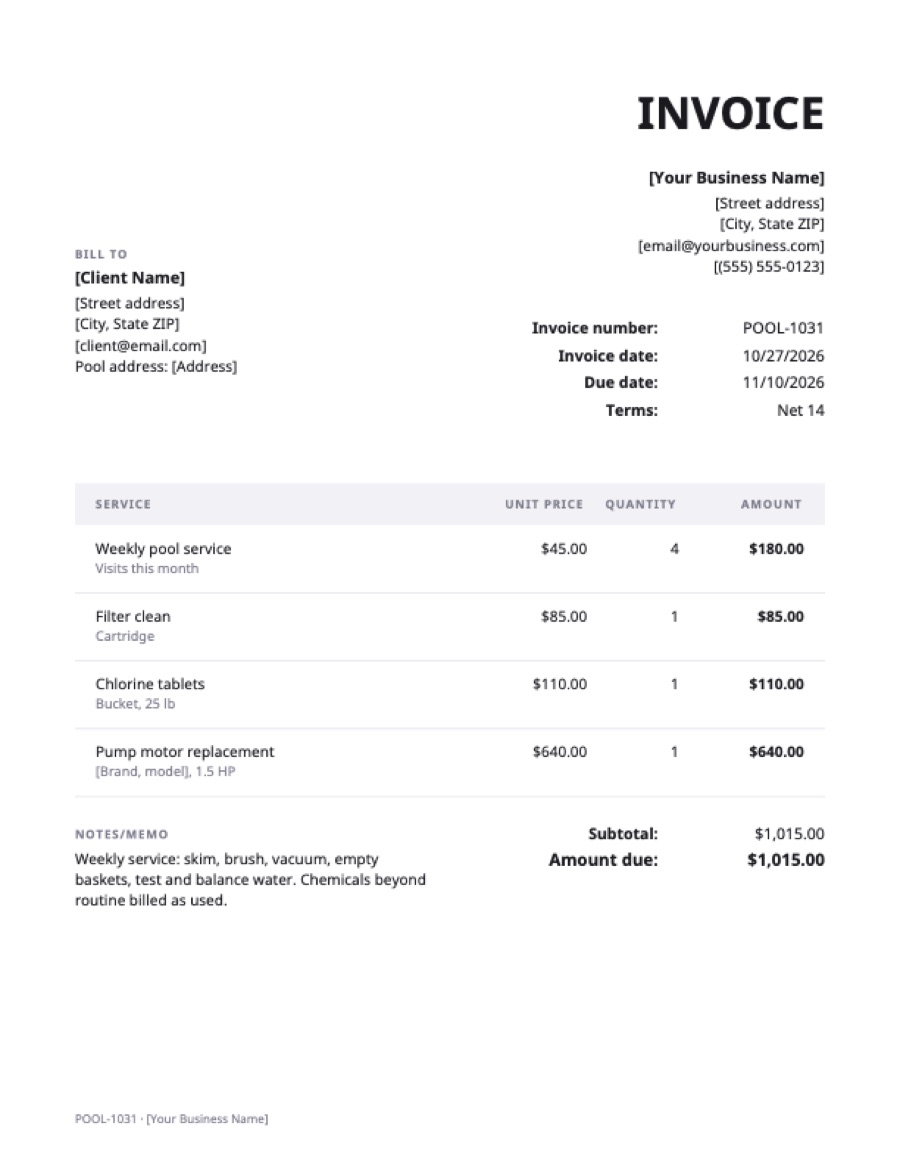 Pool service invoice template: a sample filled in with example lines for the trade