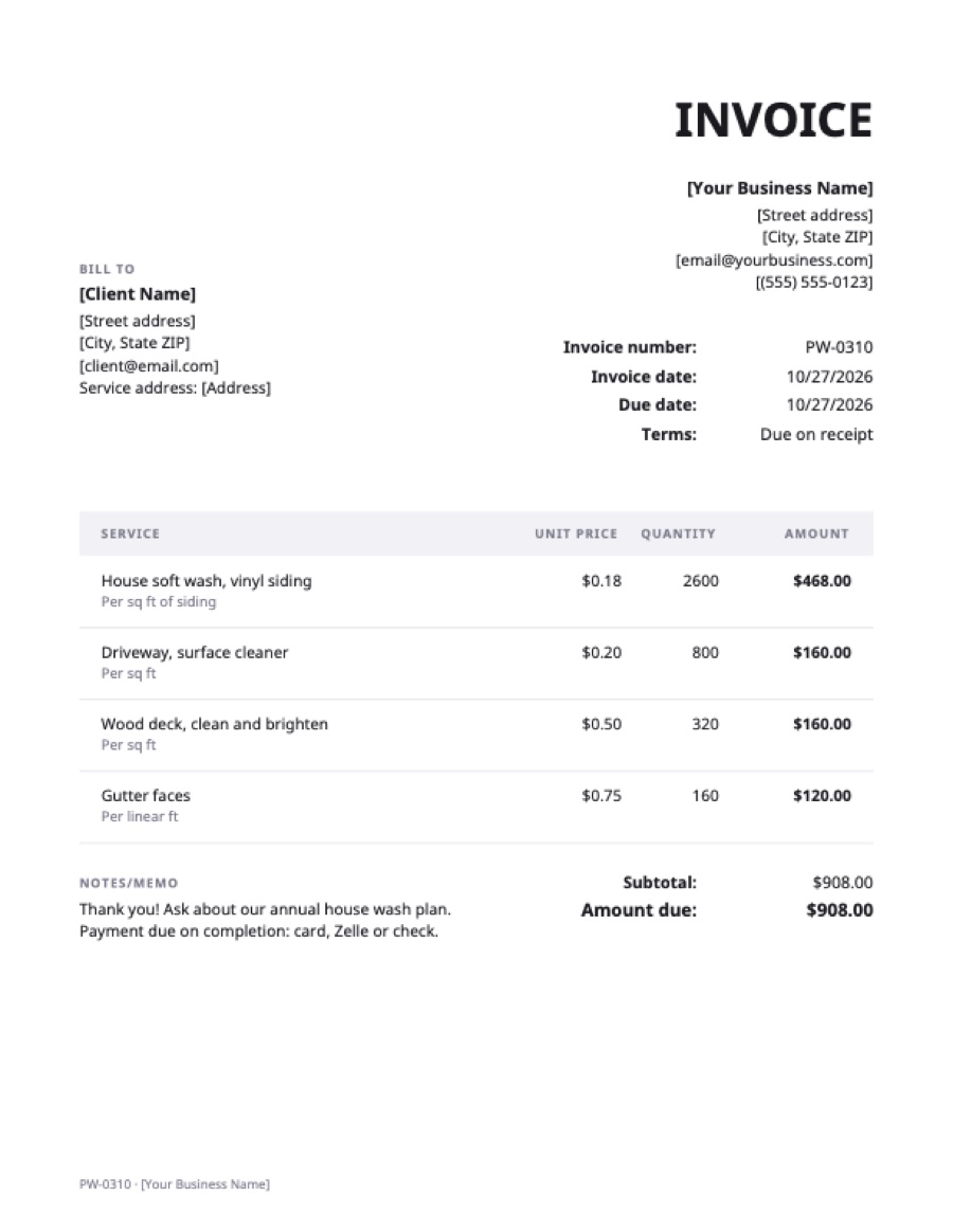 Pressure washing invoice template: a sample filled in with example lines for the trade
