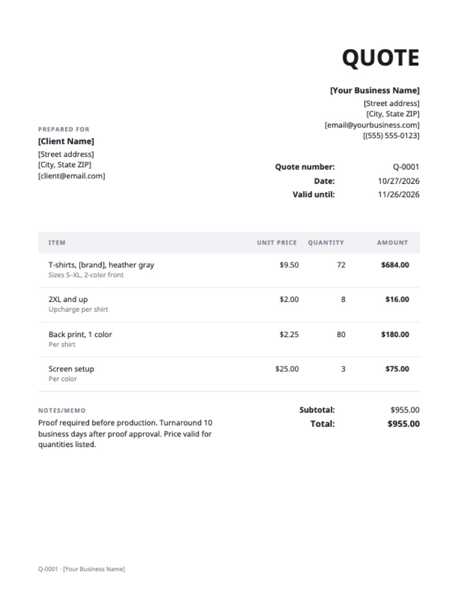 Printing quote template: a sample filled in with example lines for the trade