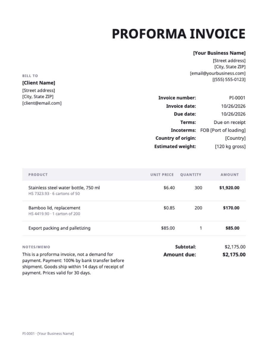 Proforma invoice template: a sample filled in with example lines