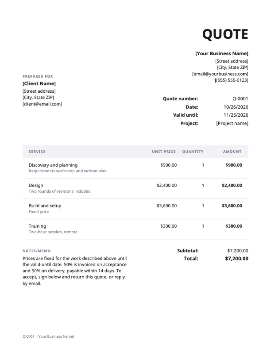 Quote template: a sample filled in with example lines