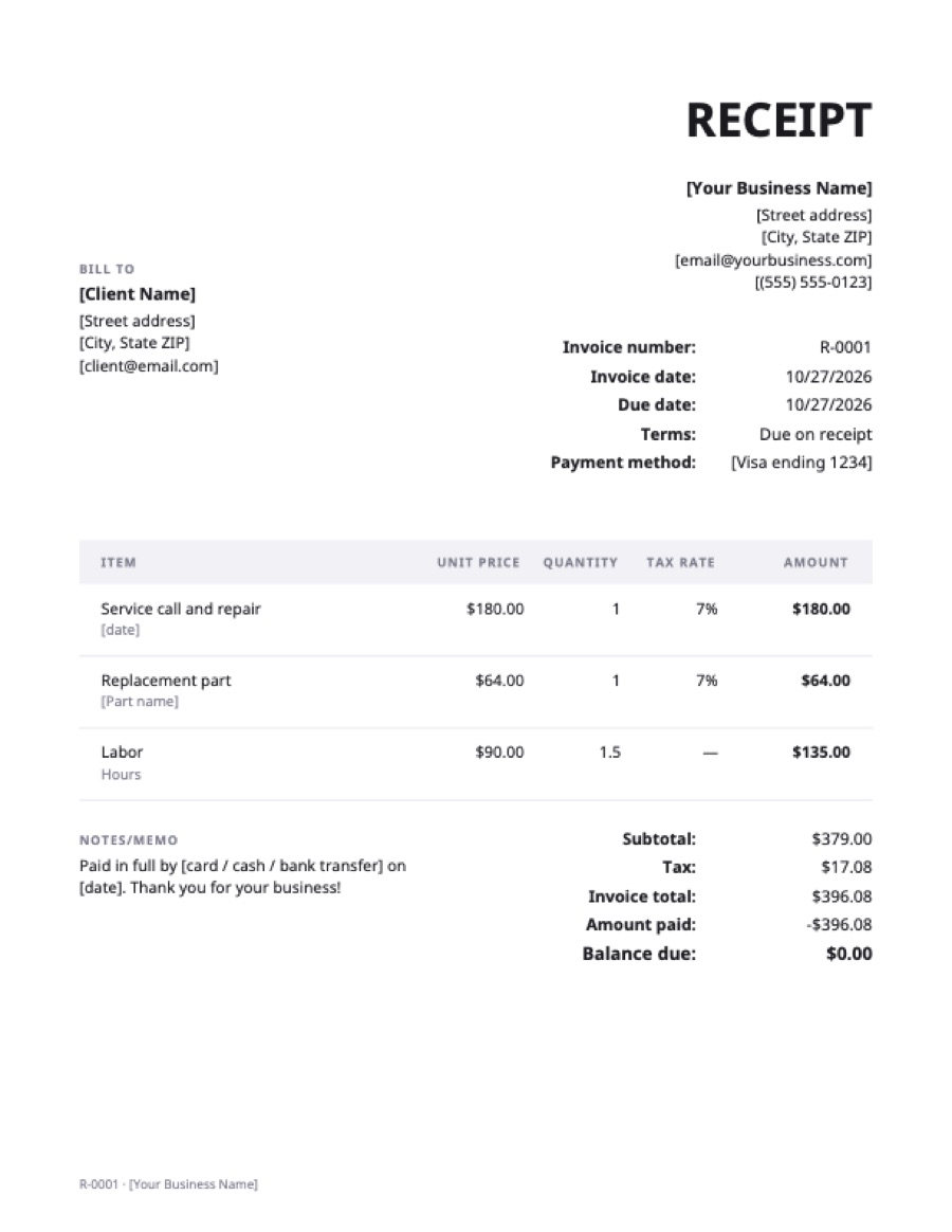 Receipt template: a sample filled in with example lines