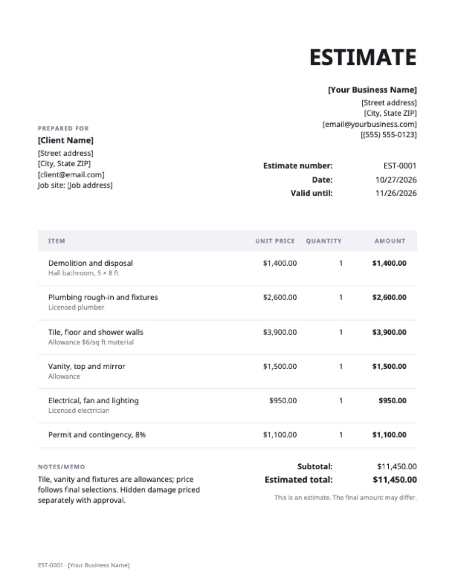 Remodel estimate template: a sample filled in with example lines for the trade
