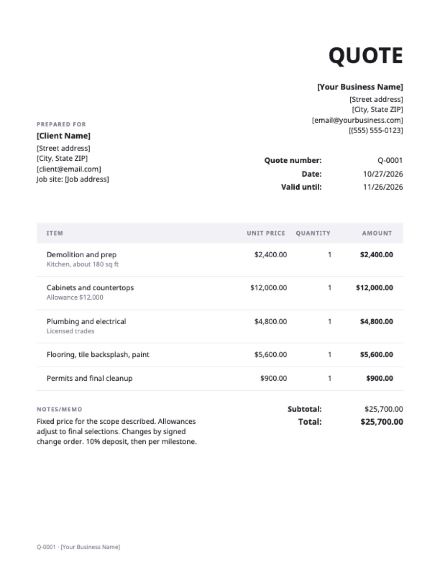 Remodel quote template: a sample filled in with example lines for the trade