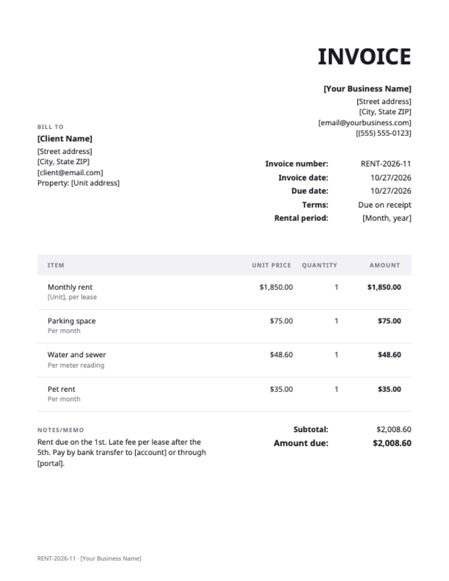 Rent invoice template: a sample filled in with example lines for the trade