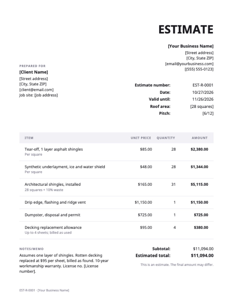 Roofing estimate template: a sample filled in with example lines for the trade