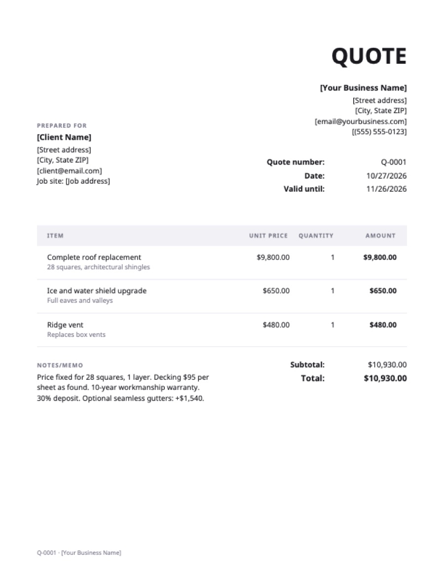 Roofing quote template: a sample filled in with example lines for the trade