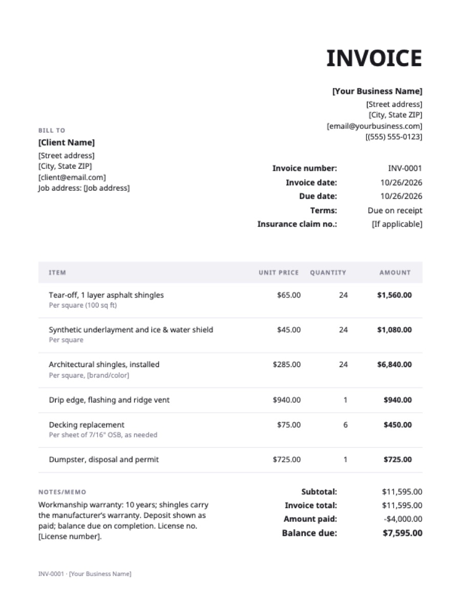 Roofing invoice template: a sample filled in with example lines for the trade