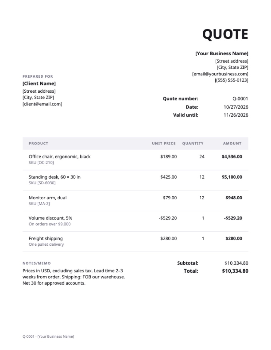 Sales quote template: a sample filled in with example lines for the trade