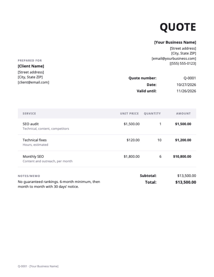 SEO quote template: a sample filled in with example lines for the trade