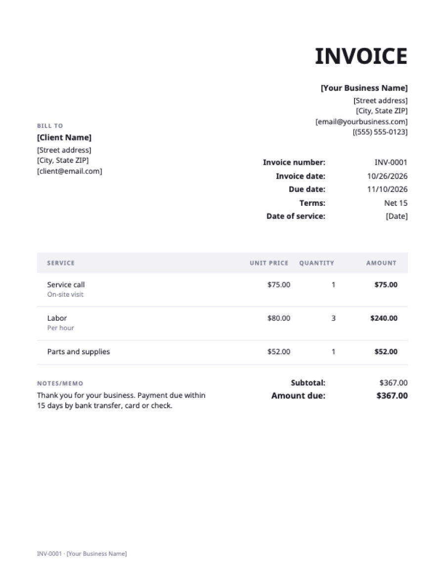 Service invoice template: a sample filled in with example lines for the trade