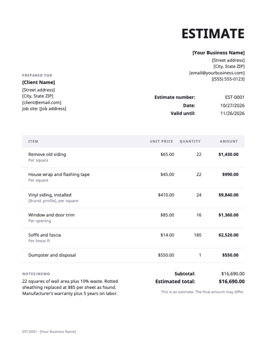 Siding estimate template: a sample filled in with example lines for the trade