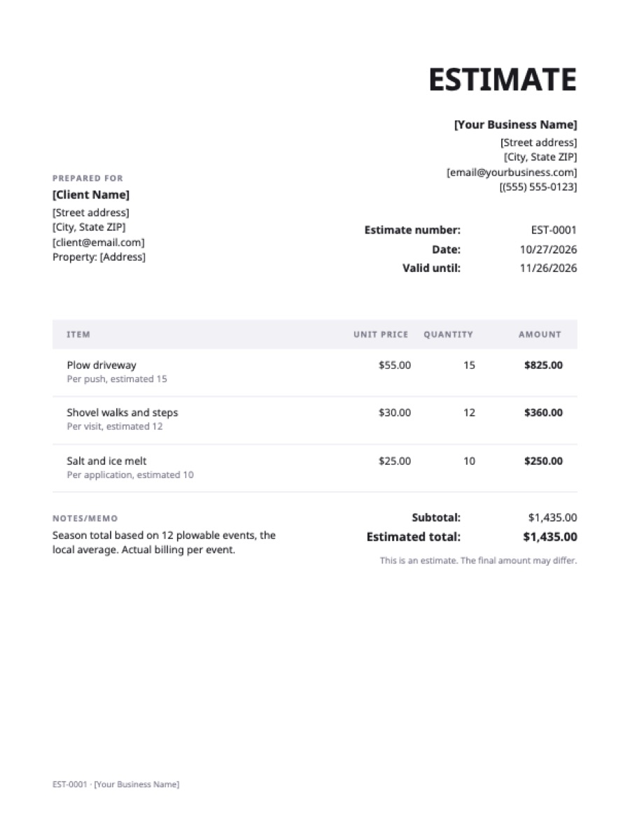 Snow removal estimate template: a sample filled in with example lines for the trade