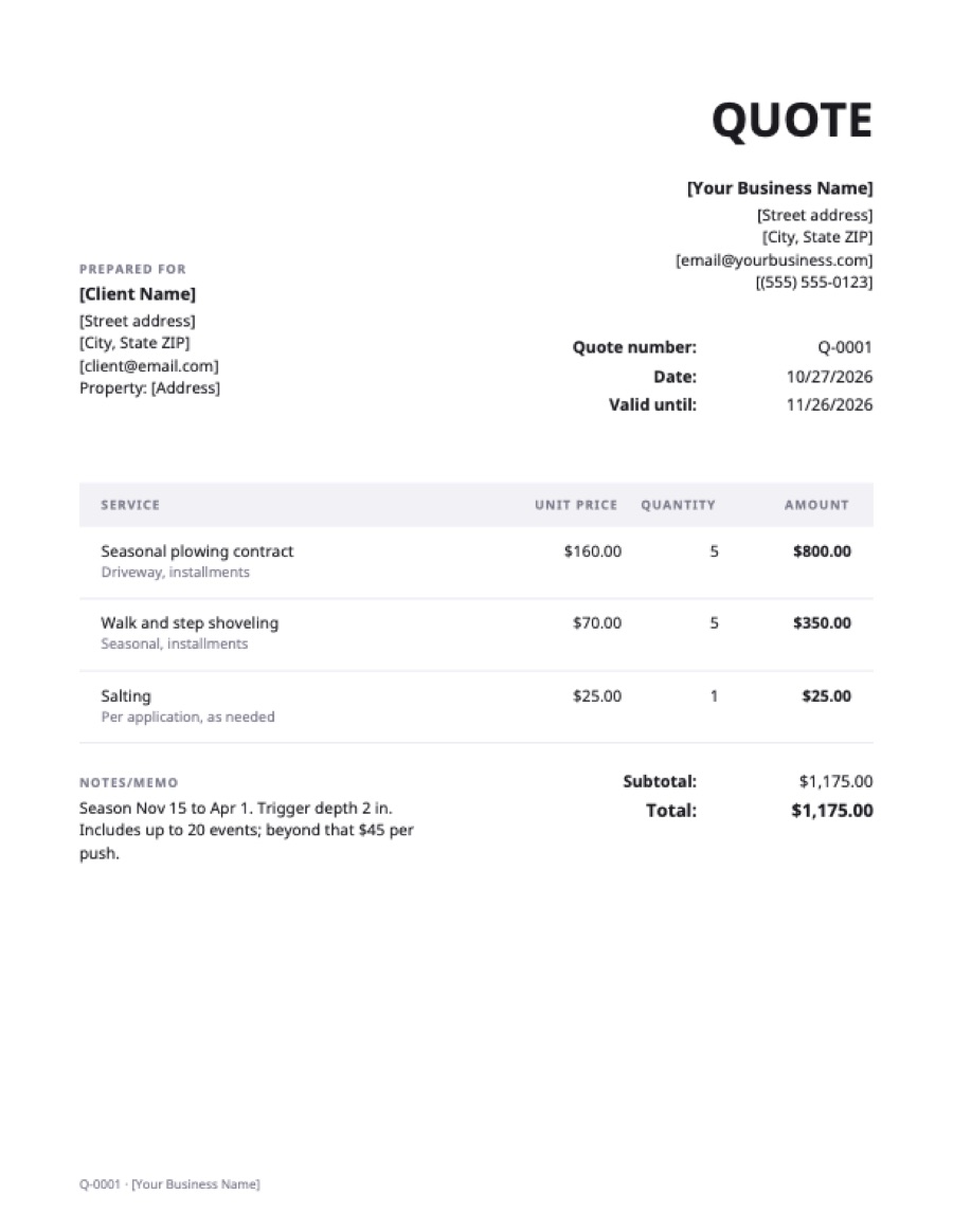 Snow removal quote template: a sample filled in with example lines for the trade