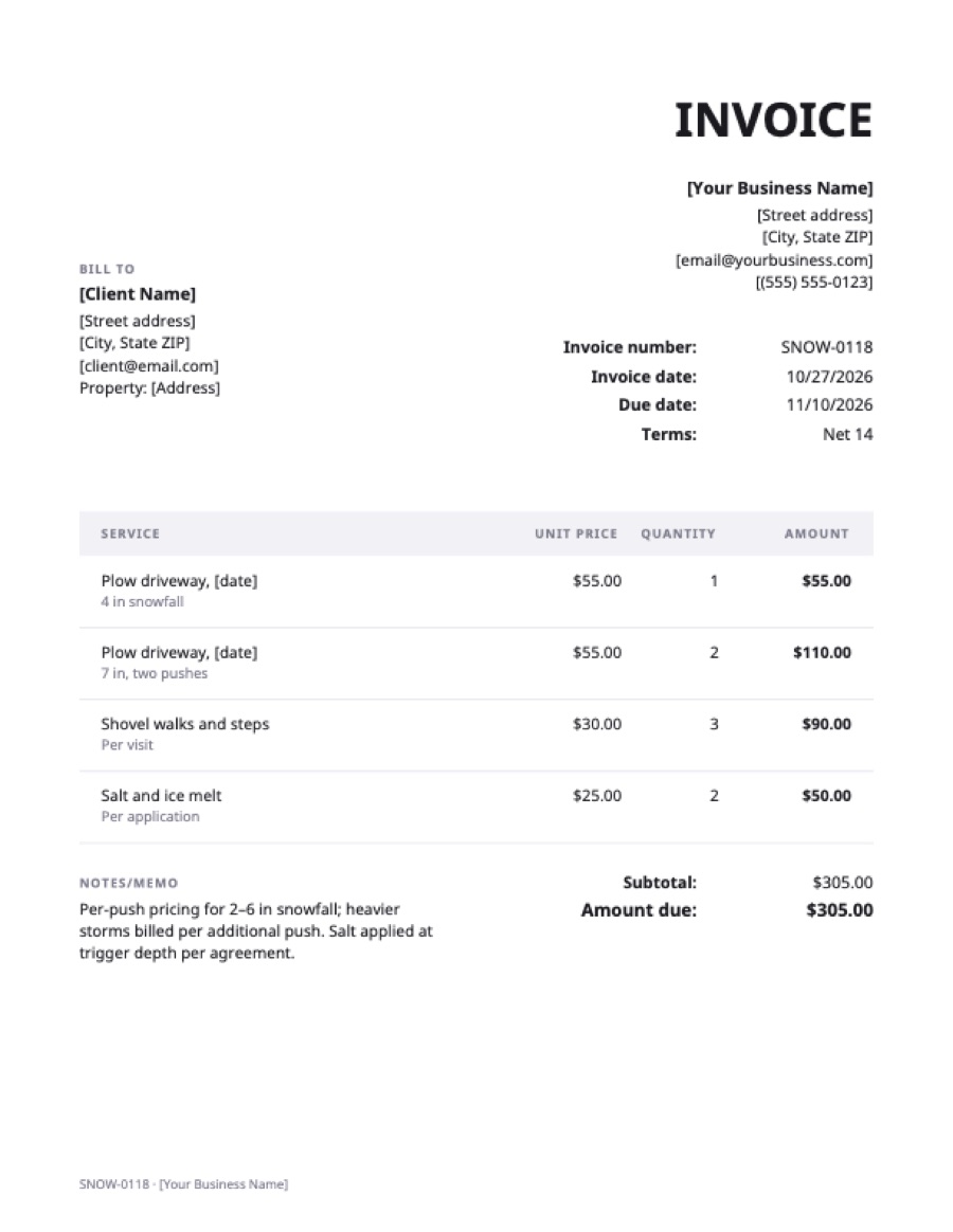 Snow removal invoice template: a sample filled in with example lines for the trade