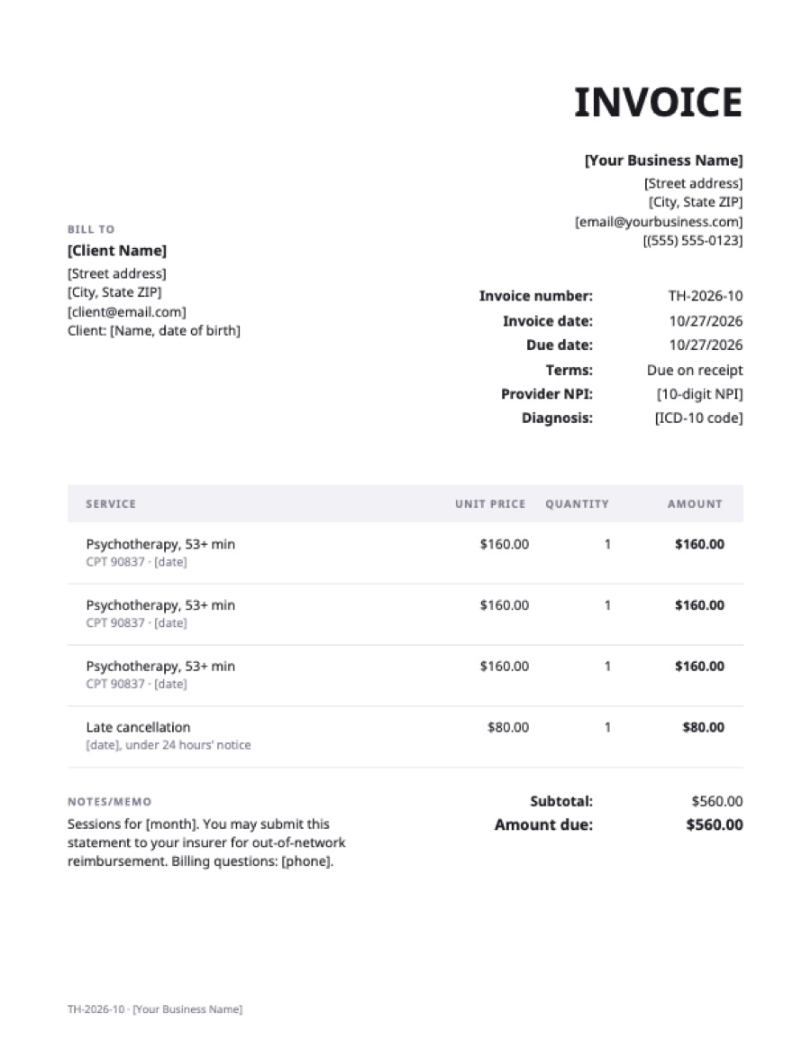 Therapist invoice template: a sample filled in with example lines for the trade