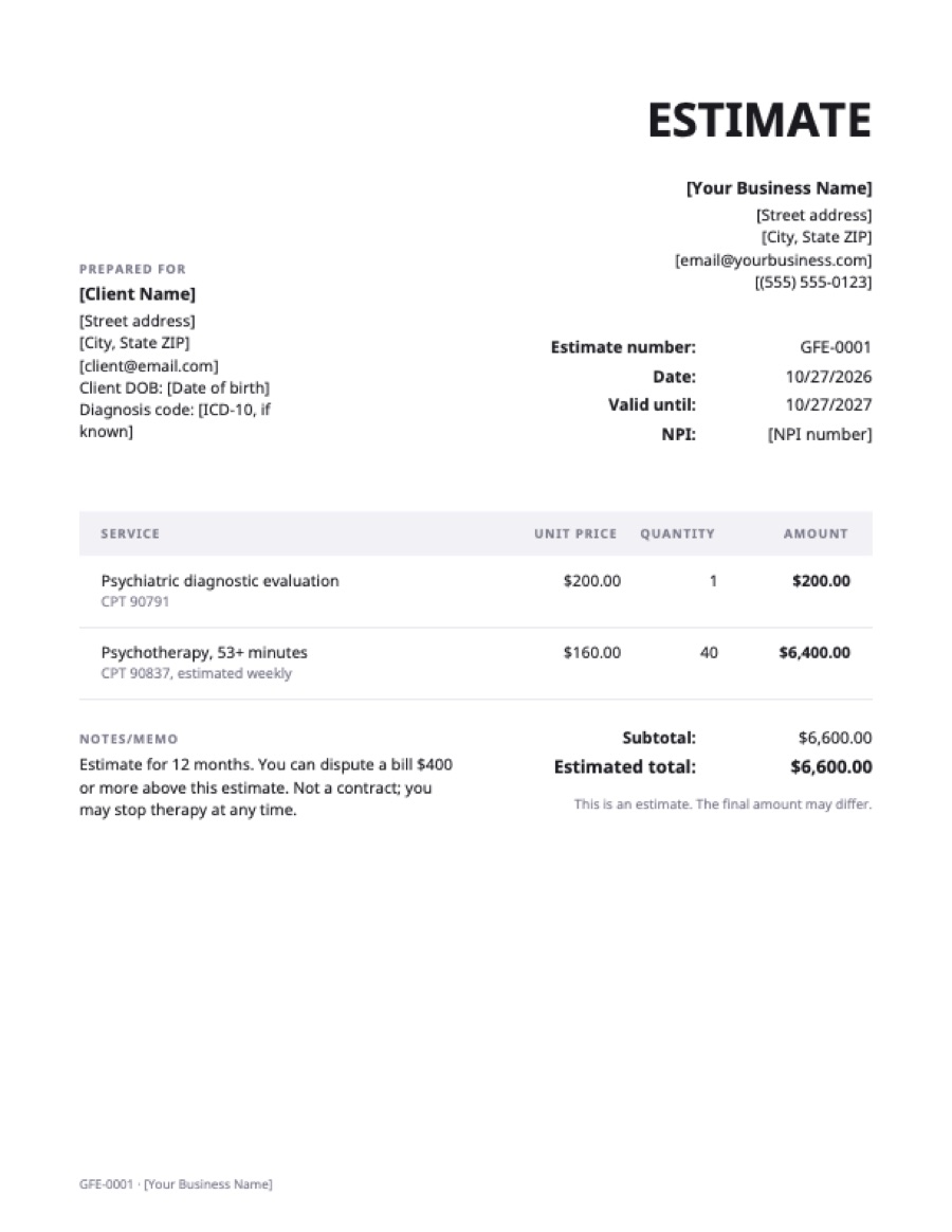 Good faith estimate template for therapists: a sample filled in with example lines for the trade