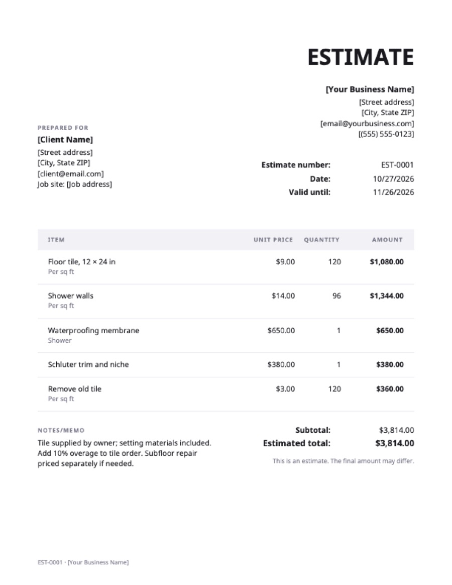 Tile estimate template: a sample filled in with example lines for the trade