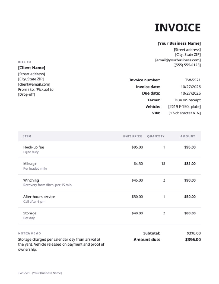 Towing invoice template: a sample filled in with example lines for the trade