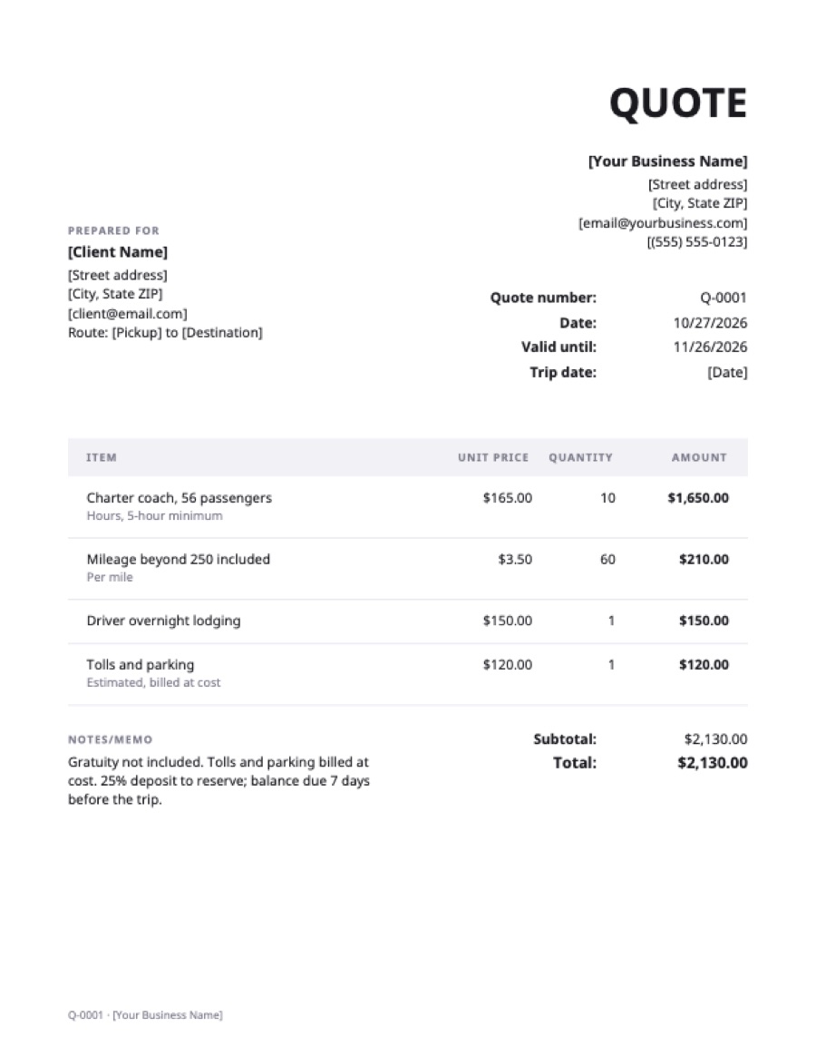 Transportation quote template: a sample filled in with example lines for the trade