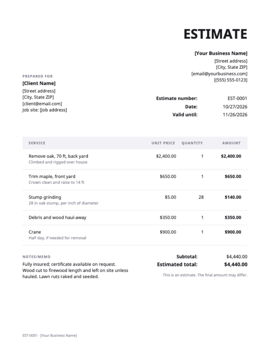 Tree service estimate template: a sample filled in with example lines for the trade