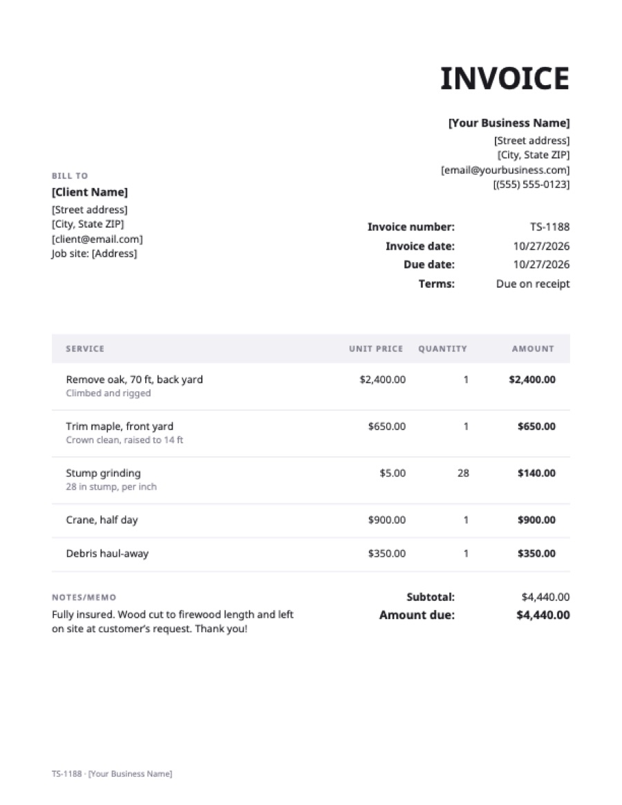 Tree service invoice template: a sample filled in with example lines for the trade