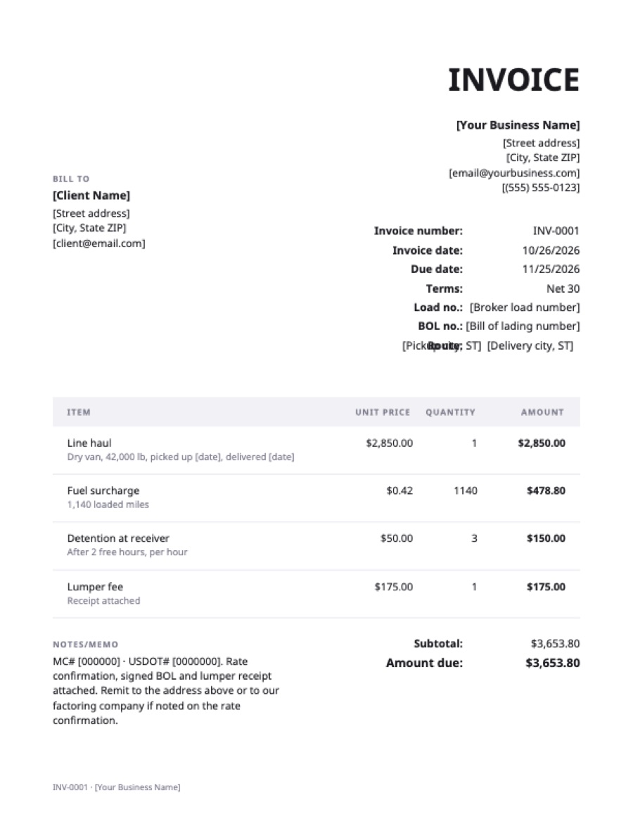 Trucking invoice template: a sample filled in with example lines for the trade