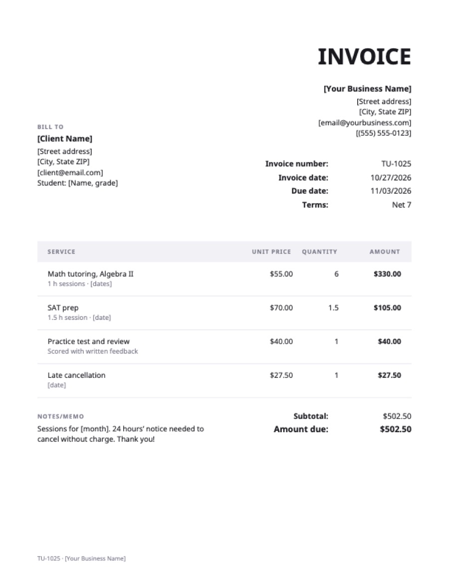 Tutoring invoice template: a sample filled in with example lines for the trade
