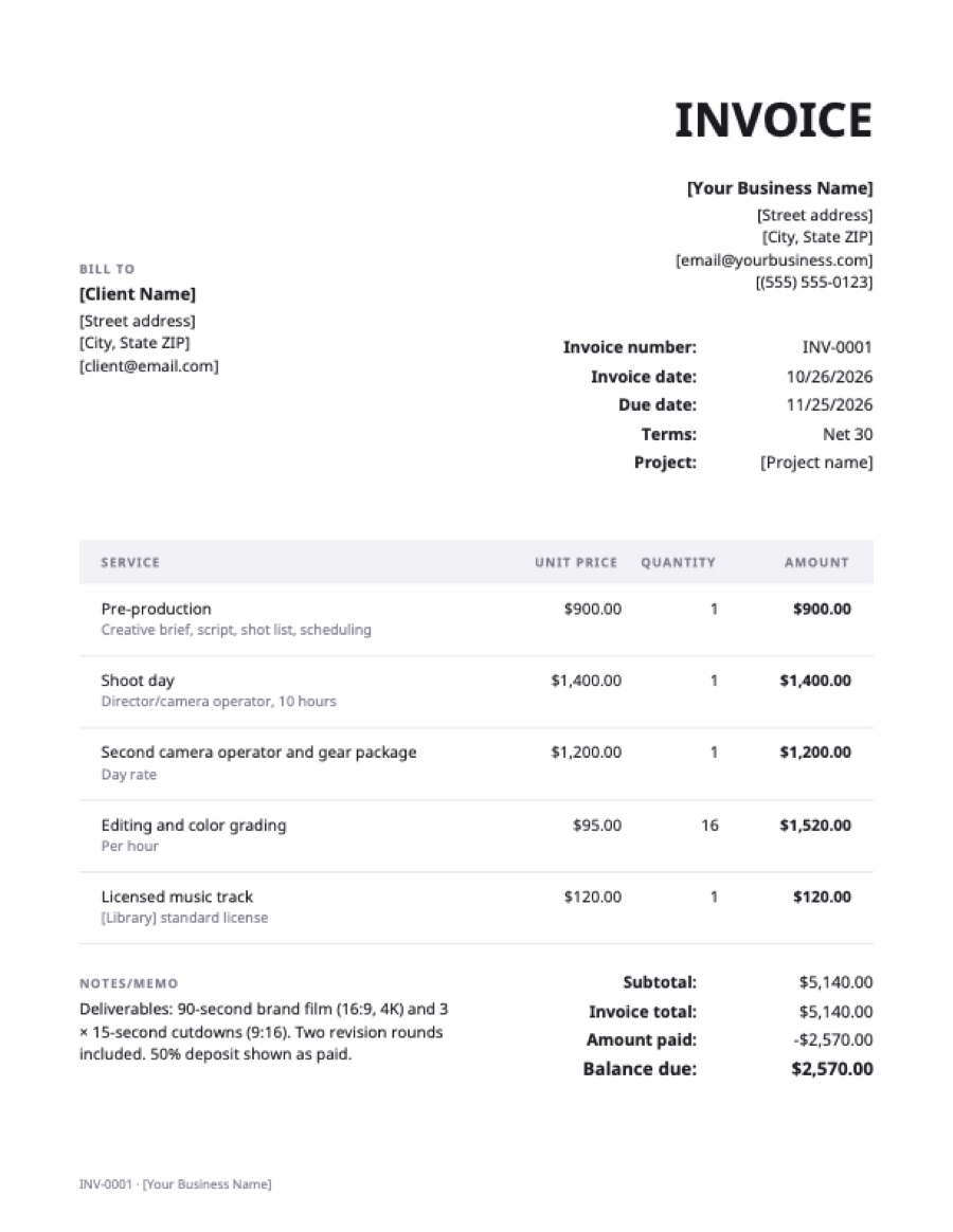 Videographer invoice template: a sample filled in with example lines for the trade
