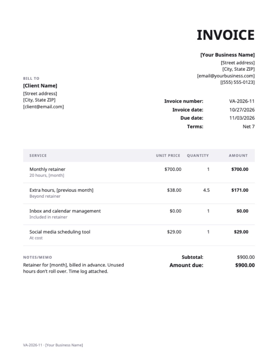 Virtual assistant invoice template: a sample filled in with example lines for the trade