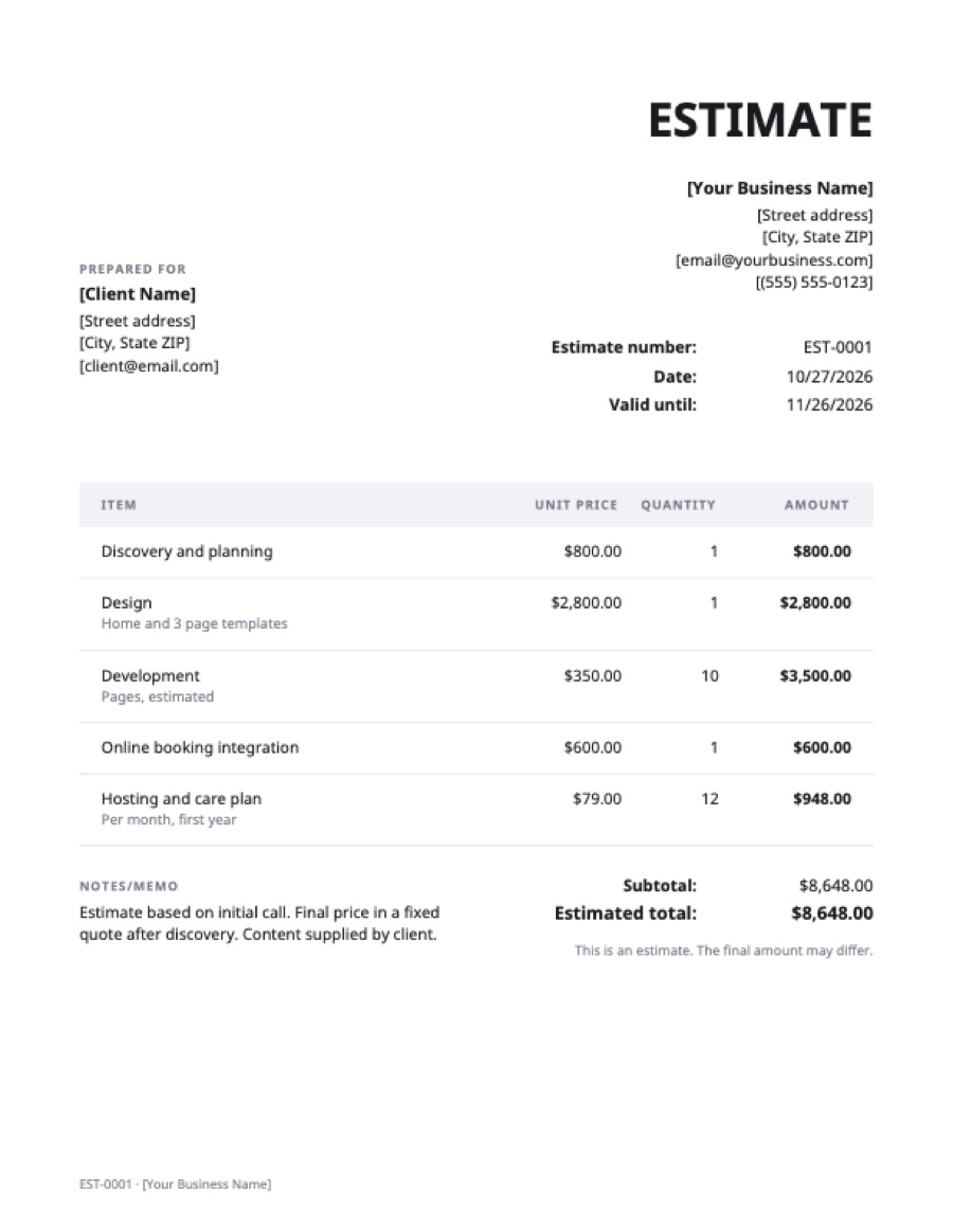 Web design estimate template: a sample filled in with example lines for the trade