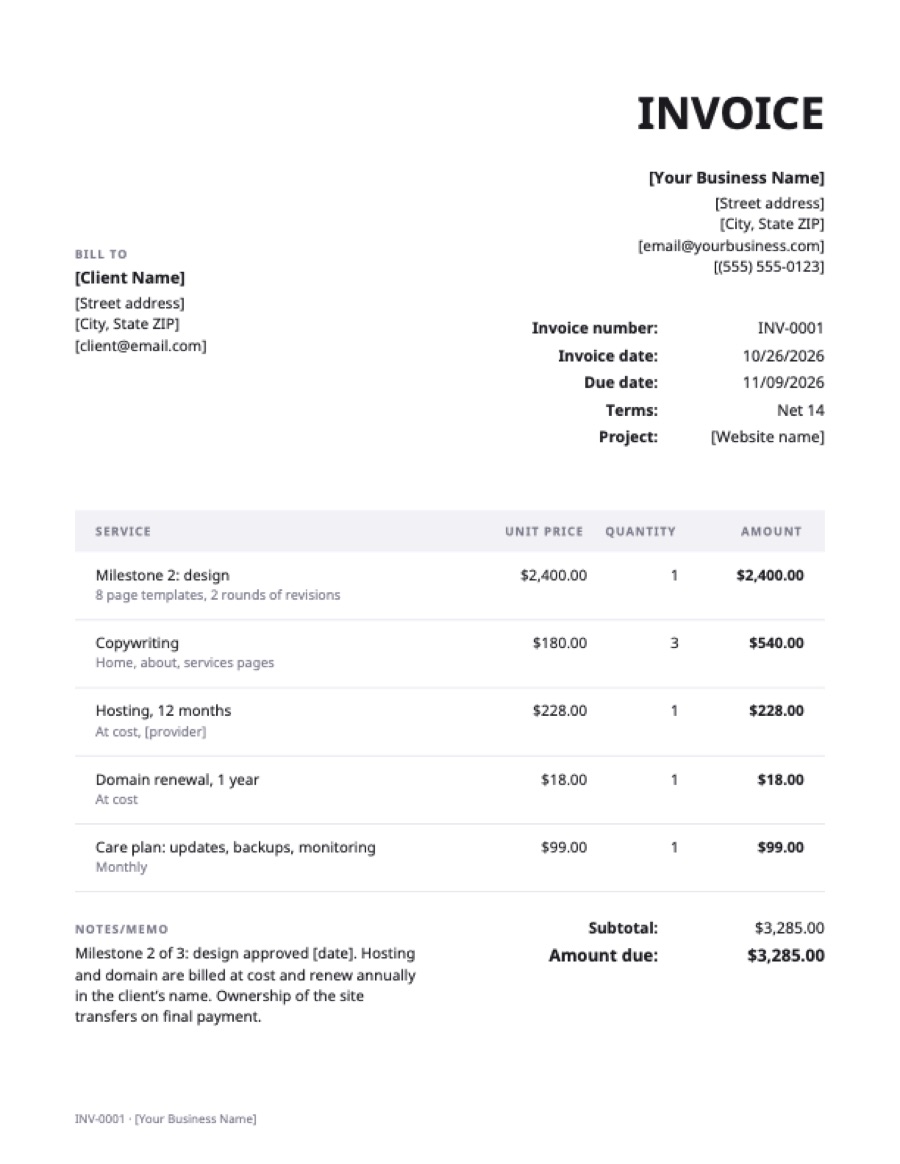 Web design invoice template: a sample filled in with example lines for the trade