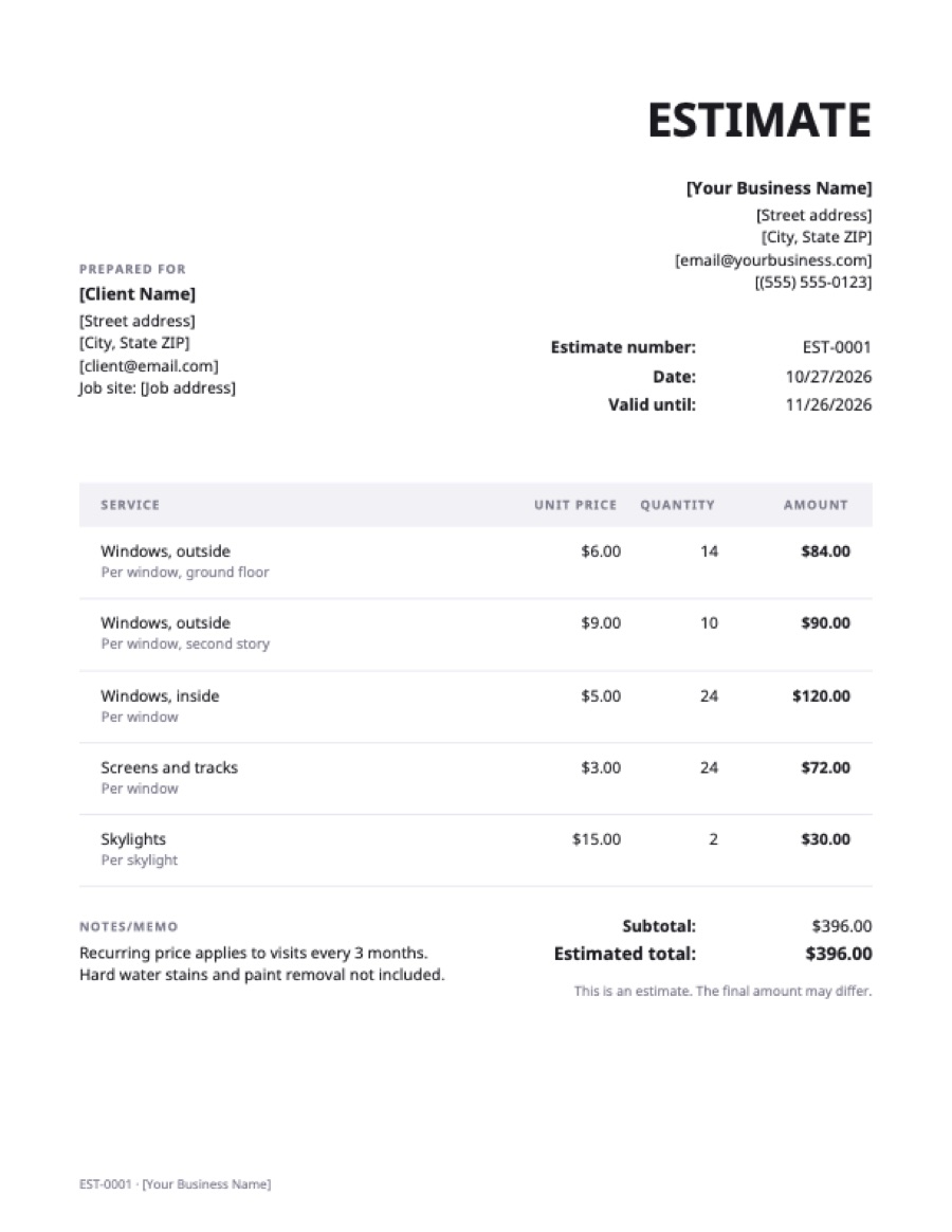 Window cleaning estimate template: a sample filled in with example lines for the trade