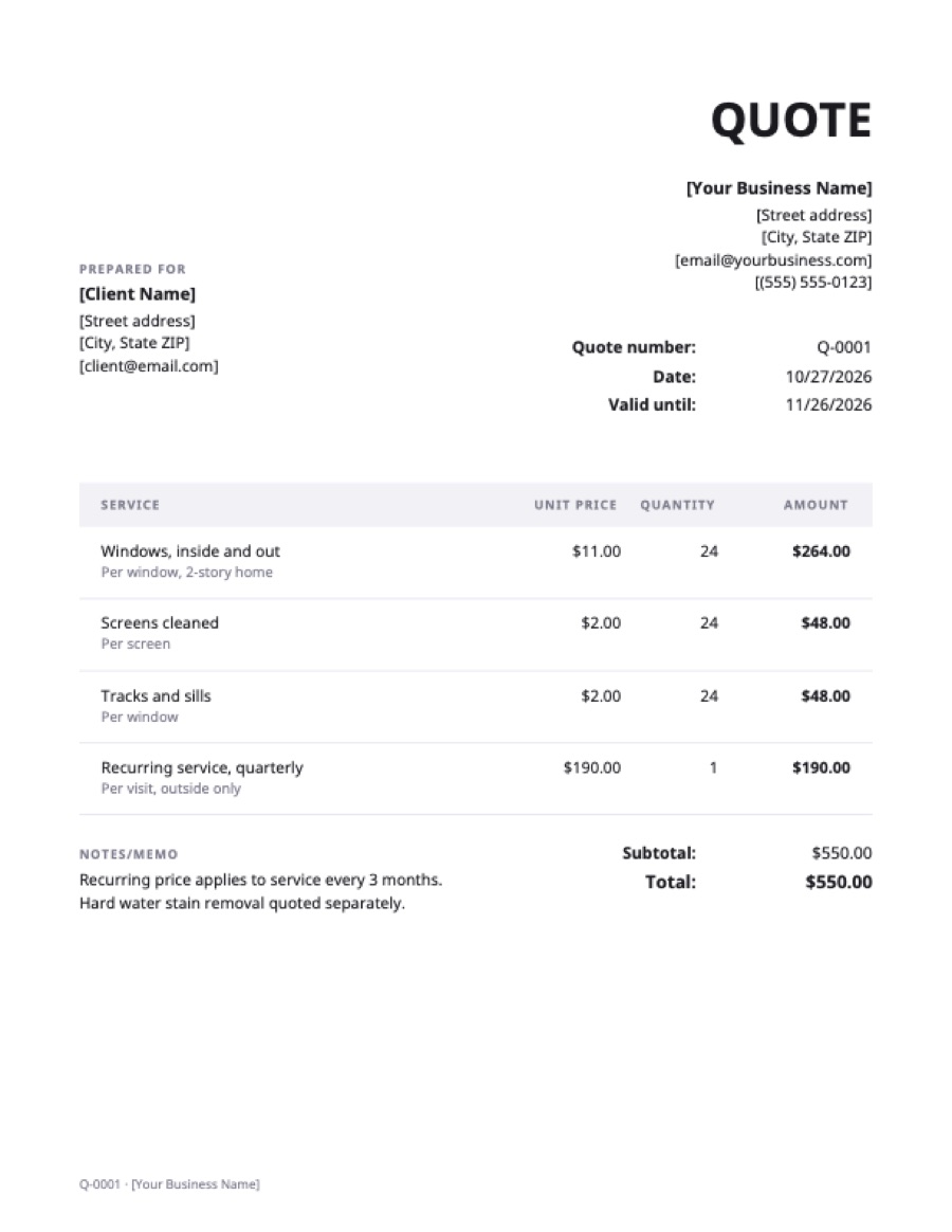 Window cleaning quote template: a sample filled in with example lines for the trade