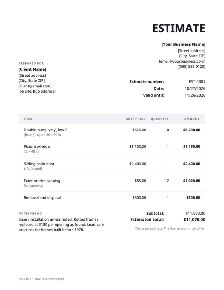 Window replacement estimate template: a sample filled in with example lines for the trade
