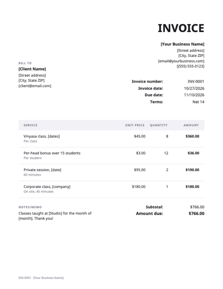 Yoga instructor invoice template: a sample filled in with example lines for the trade